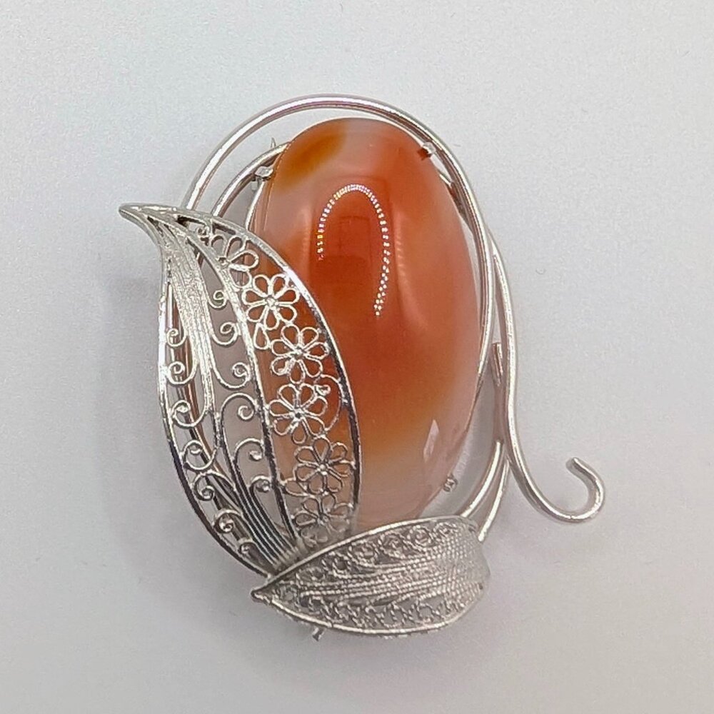 Vintage Handcrafted Carnelian Agate Brooch Pin - Silver Tone